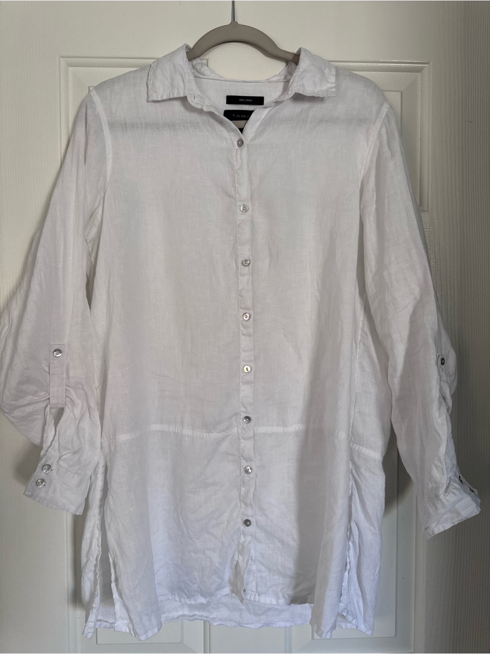 Tahari White M Linen Button-Down Shirt - Lightweight Long Sleeve Quiet Luxury